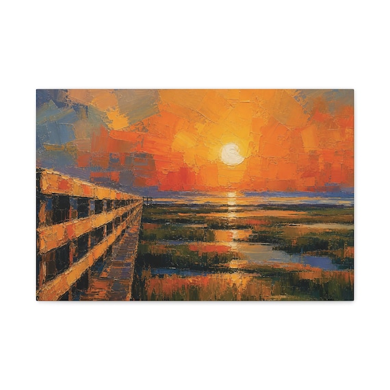 Marsh Boardwalk Canvas Print, Sunset Wetland Coastal Wall Art, Bold Angular Digital Art by Bill Shew