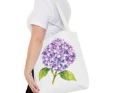 Purple Hydrangea Watercolor Tote Bag, Botanical Floral Shoulder Bag, close-up (Bill Shew)