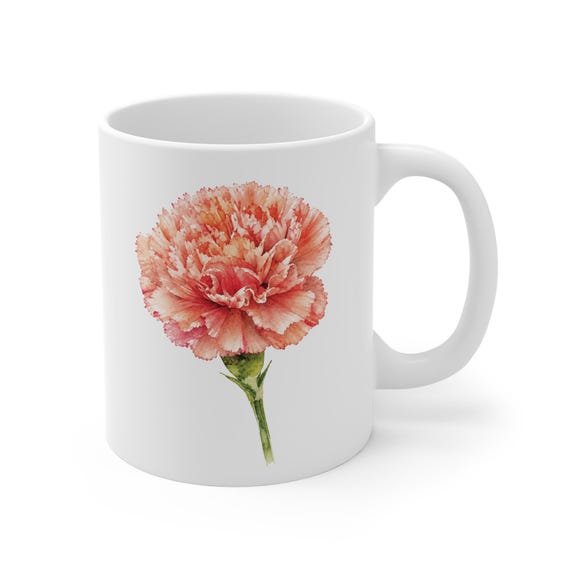 Carnation Mug, Watercolor Carnation Coffee Mug, Peach Pink Flower Mug by Bill Shew