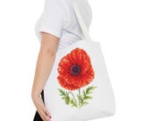 Red Poppy Botanical Watercolor Tote Bag, Floral Canvas Carryall Bag, close-up (Bill Shew)