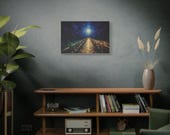 Night Pier Canvas Print, Glowing Indigo Lamplight Digital Art Print, Coastal Wall Art, Canvas Wall Decor., close-up (Bill Shew)
