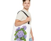 Purple Hydrangea Watercolor Tote Bag | Botanical Floral Carryall (100% Polyester), close-up (Bill Shew)