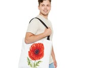 Red Poppy Botanical Watercolor Tote Bag, Floral Canvas Carryall Bag, close-up (Bill Shew)