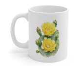 Yellow Prickly Pear Cactus Mug, Cactus Flower Coffee Mug, Watercolor Cactus Mug, detail view (Bill Shew)