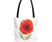 Red Poppy Botanical Watercolor Tote Bag, Floral Canvas Carryall Bag, detail view (Bill Shew)