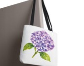 Purple Hydrangea Watercolor Tote Bag, Botanical Floral Shoulder Bag, framing detail (Bill Shew)