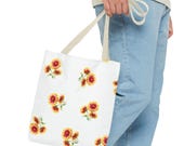 Blanket Flower Watercolor Tote Bag | Red Yellow Floral Canvas Market Shopper, in-room view (Bill Shew)