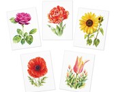 Watercolor Floral Note Cards, Assorted Garden Flowers (Set of 5) by Bill Shew