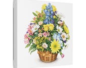 Mixed Flower Basket Botanical Watercolor Art | Colorful Spring Bouquet Wall Decor, framing detail (Bill Shew)