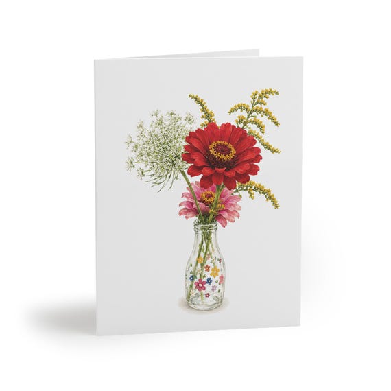 Red and Pink Zinnia Wildflower Bouquet Botanical Greeting Card by Bill Shew