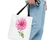 Pink Dahlia Botanical Watercolor Tote Bag, Floral Canvas Carryall Bag, in-room view (Bill Shew)