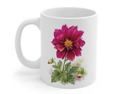 Watercolor Dahlia Mug, Magenta Flower, Botanical Coffee Cup (11 oz), detail view (Bill Shew)