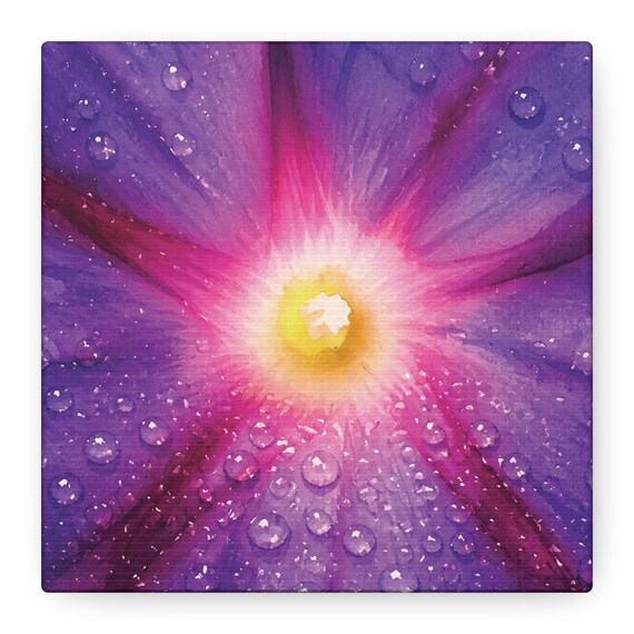 Morning Glory Flower Canvas Print, Macro Botanical Wall Art, Violet Petals, Dewdrops by Bill Shew
