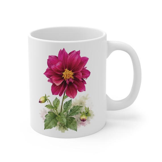 Dahlia Mug, Magenta Dahlia Coffee Mug, Watercolor Flower Mug, Botanical Floral Mug by Bill Shew