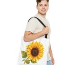 Sunflower Botanical Watercolor Tote Bag, Yellow Floral Canvas Carryall Bag, close-up (Bill Shew)