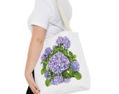 Purple Hydrangea Watercolor Tote Bag | Botanical Floral Carryall (100% Polyester), in-room view (Bill Shew)