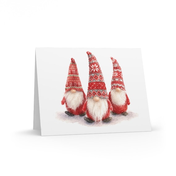 Christmas Gnome Trio Greeting Card, Watercolor Holiday Card by Bill Shew