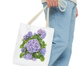 Purple Hydrangea Watercolor Tote Bag | Botanical Floral Carryall (100% Polyester), in-room view (Bill Shew)
