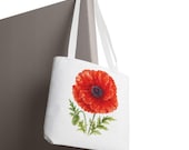 Red Poppy Botanical Watercolor Tote Bag, Floral Canvas Carryall Bag, detail view (Bill Shew)