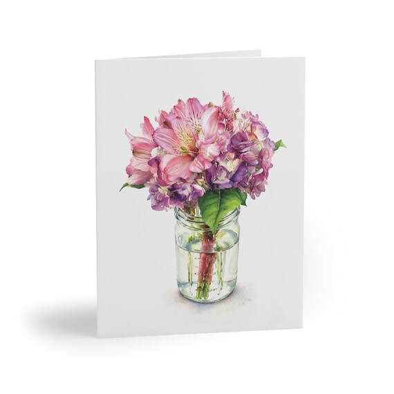 8 cards - Pink Alstroemeria Hydrangea Watercolor Floral Card, Botanical Garden Note by Bill Shew