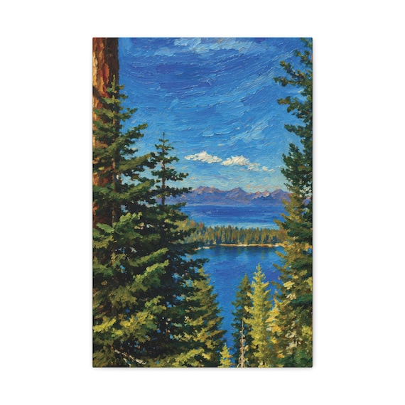 Mountain Lake Pine Trees Canvas Print, Blue Forest Nature Wall Art by Bill Shew