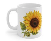 Sunflower Mug, Watercolor Sunflower Coffee Mug, Yellow Flower Mug, Botanical Ceramic Mug, detail view (Bill Shew)