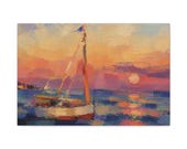 Pink Sky Sailboat Canvas Print, Textured Sunset Harbor Coastal Wall Art by Bill Shew