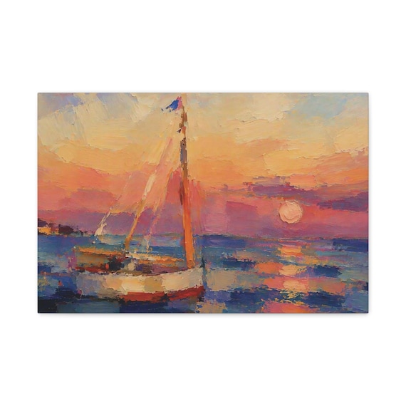 Pink Sky Sailboat Canvas Print, Textured Sunset Harbor Coastal Wall Art by Bill Shew