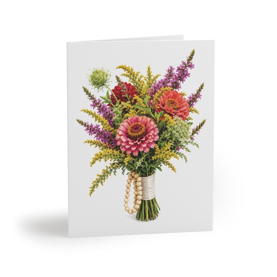 Colorful Zinnia Wildflower Bouquet Greeting Card Botanical Watercolor | Cottage Garden Floral Note Card Colorful Zinnia Wildflower Bouquet Greeting Card Botanical Watercolor by Bill Shew