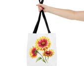 Blanket Flower Botanical Watercolor Tote Bag, Red & Yellow Floral Canvas Carryall, close-up (Bill Shew)