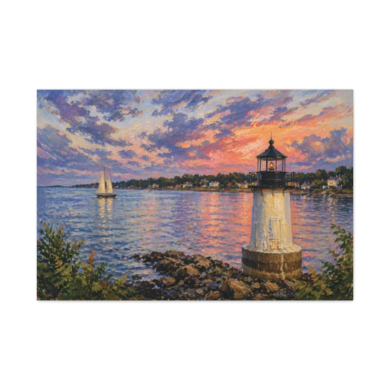 Harbor Lighthouse Canvas Print, Sunset Sailboat Digital Art Print, Coastal Wall Art, Canvas Wall Decor, Bill Shew wall art print