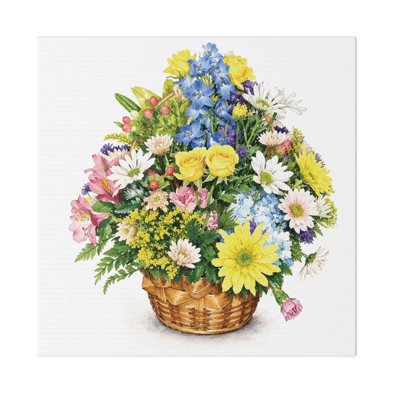Mixed Flower Basket Botanical Watercolor Art | Colorful Spring Bouquet Wall Decor, Bill Shew art print