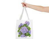 Purple Hydrangea Watercolor Tote Bag | Botanical Floral Carryall (100% Polyester), detail view (Bill Shew)