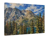 Textured Alpine Lake Canvas Print, Pine Forest Mountain Wall Art, detail view (Bill Shew)