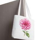 Pink Dahlia Botanical Watercolor Tote Bag, Floral Canvas Carryall Bag, detail view (Bill Shew)