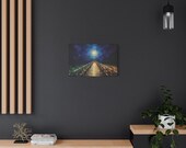 Indigo Pier Lamplight Canvas Print, Moody Coastal Night Wall Art, in-room view (Bill Shew)