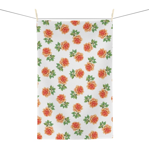 Orange Rose Botanical Watercolor Tea Towel, Orange Floral Kitchen Towel by Bill Shew