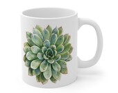 Succulent Mug, Watercolor Succulent Coffee Mug, Botanical Plant Mug, Green Echeveria Mug by Bill Shew