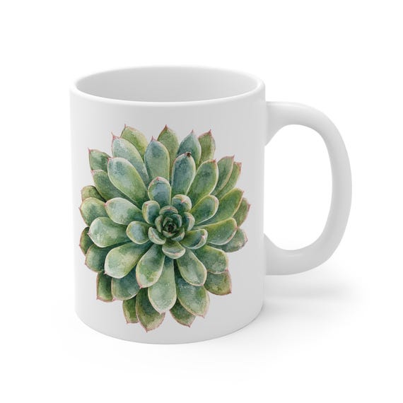 Succulent Mug, Watercolor Succulent Coffee Mug, Botanical Plant Mug, Green Echeveria Mug by Bill Shew