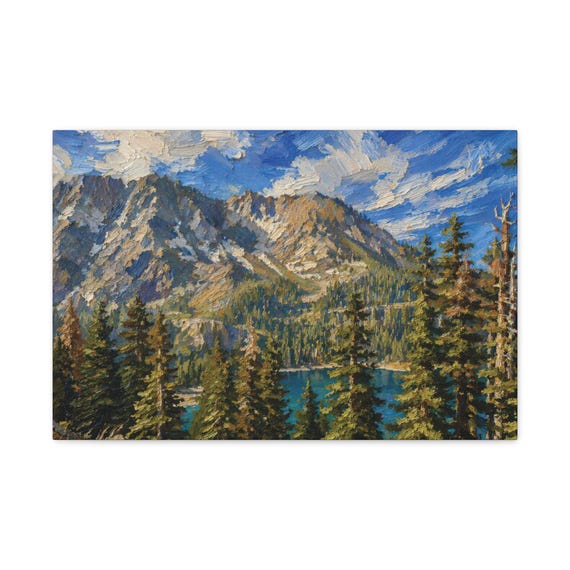 Textured Alpine Lake Canvas Print, Pine Forest Mountain Wall Art by Bill Shew