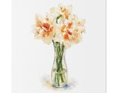 White Daffodil Botanical Art Classic Stretched Canvas | Floral Vase Wall Decor, Bill Shew canvas print