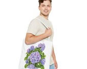 Purple Hydrangea Watercolor Tote Bag | Botanical Floral Carryall (100% Polyester), detail view (Bill Shew)