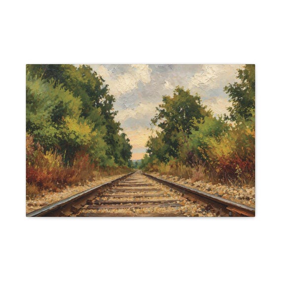 Golden Autumn Railroad Tracks Canvas Print, Textured Nature Wall Art by Bill Shew