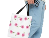 Pink Dahlia Botanical Watercolor Tote Bag, Floral Canvas Carryall, in-room view (Bill Shew)