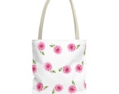 Pink Dahlia Botanical Watercolor Tote Bag, Floral Canvas Carryall by Bill Shew