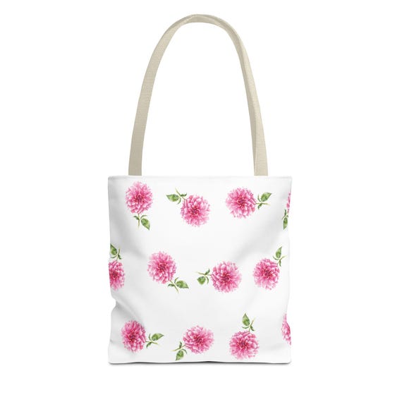 Pink Dahlia Botanical Watercolor Tote Bag, Floral Canvas Carryall by Bill Shew