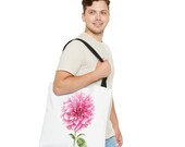 Pink Dahlia Botanical Watercolor Tote Bag, Floral Canvas Carryall Bag, close-up (Bill Shew)