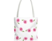 Pink Dahlia Botanical Watercolor Tote Bag, Floral Canvas Carryall, detail view (Bill Shew)