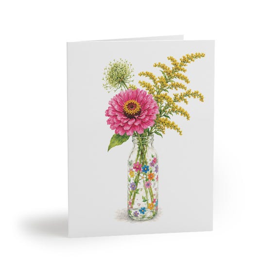 Pink Zinnia and Goldenrod Botanical Greeting Card by Bill Shew
