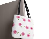 Pink Dahlia Botanical Watercolor Tote Bag, Floral Canvas Carryall, framing detail (Bill Shew)